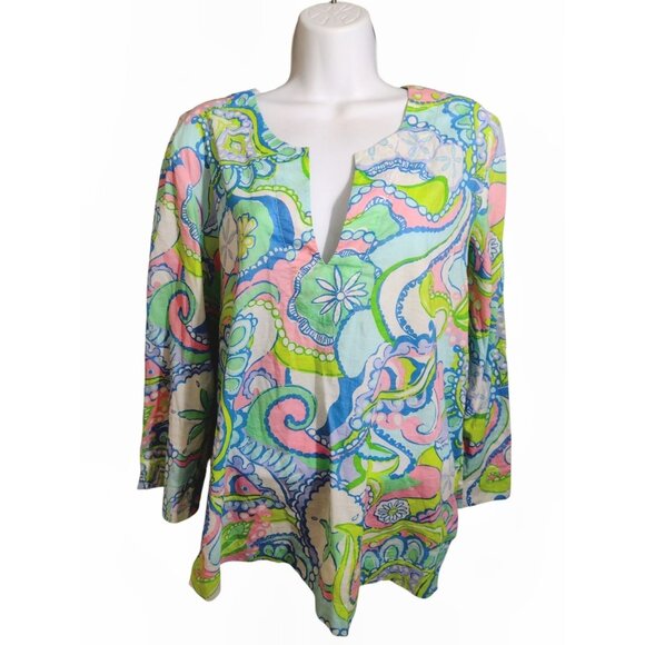 Lilly Pulitzer Amelia Island Paisley Tunic Top L 3/4 Conch Republic Coastal Fish - Picture 1 of 8